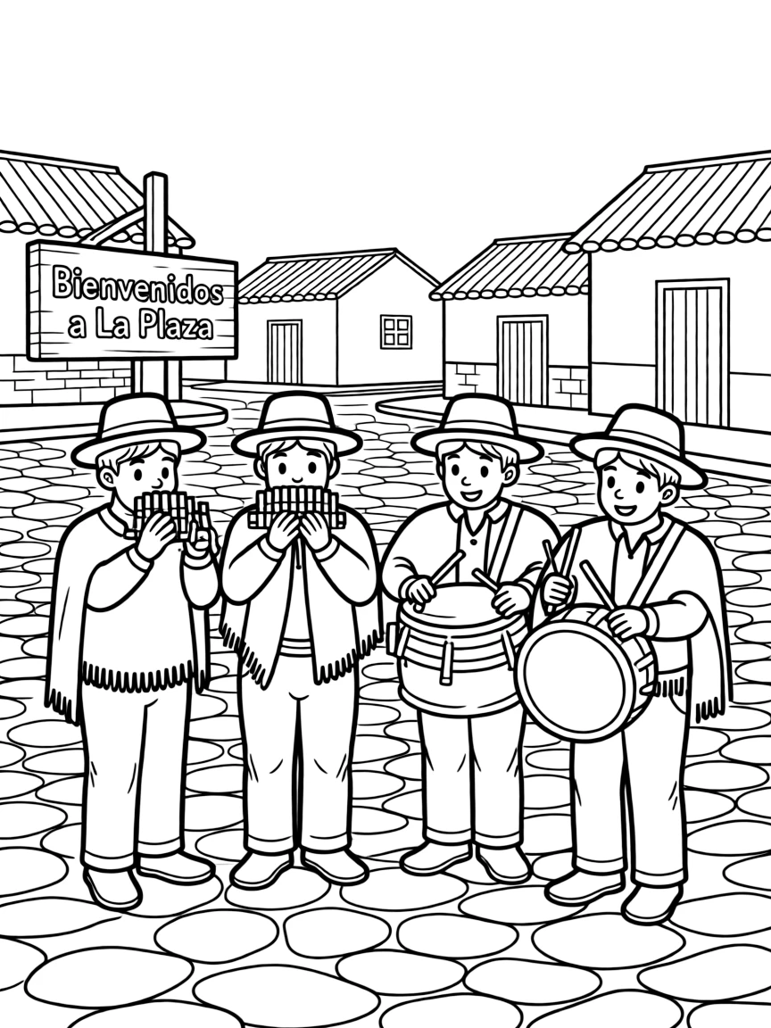 (Peru) A group of musicians playing Andean pan flutes and drums in a village square.