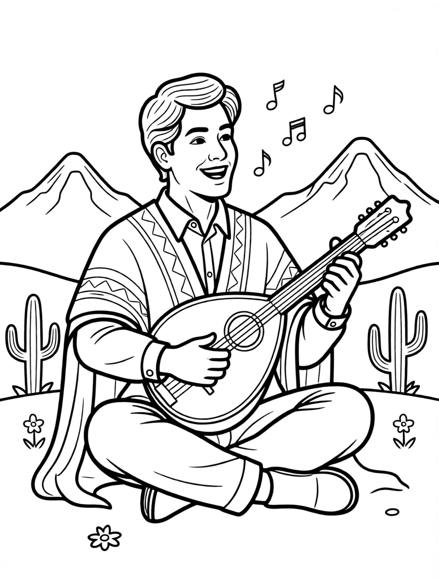 (Peru) A man playing a charango (small Andean guitar) and singing a folk song.