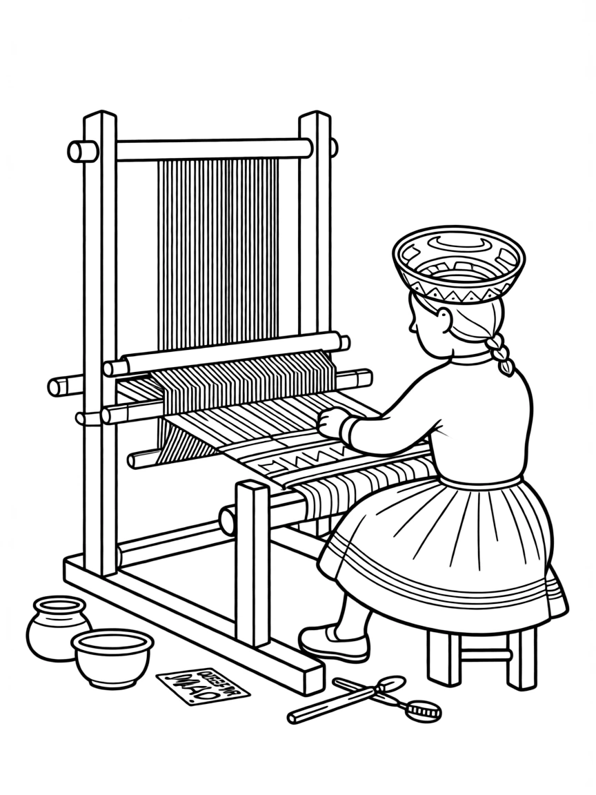 (Peru) A Quechua weaver sitting at a loom, weaving a colorful patterned textile.