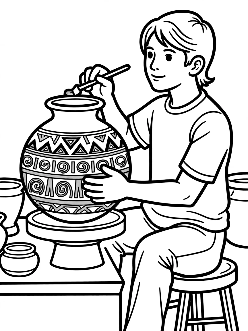 (Peru) A potter painting a red and black geometric design on a clay vase in the style of ancient Nazca.