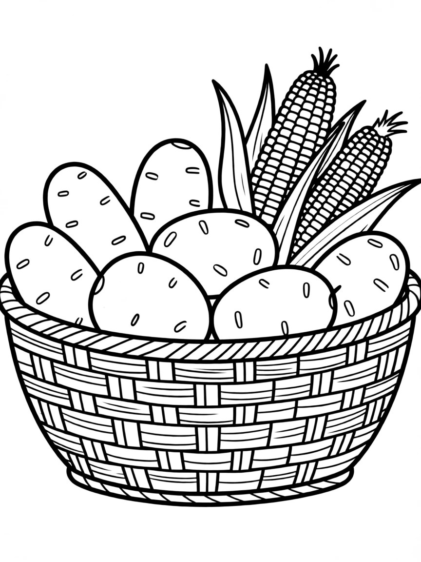 (Peru) A basket filled with Peru’s many types of potatoes and corn cobs of various colors.