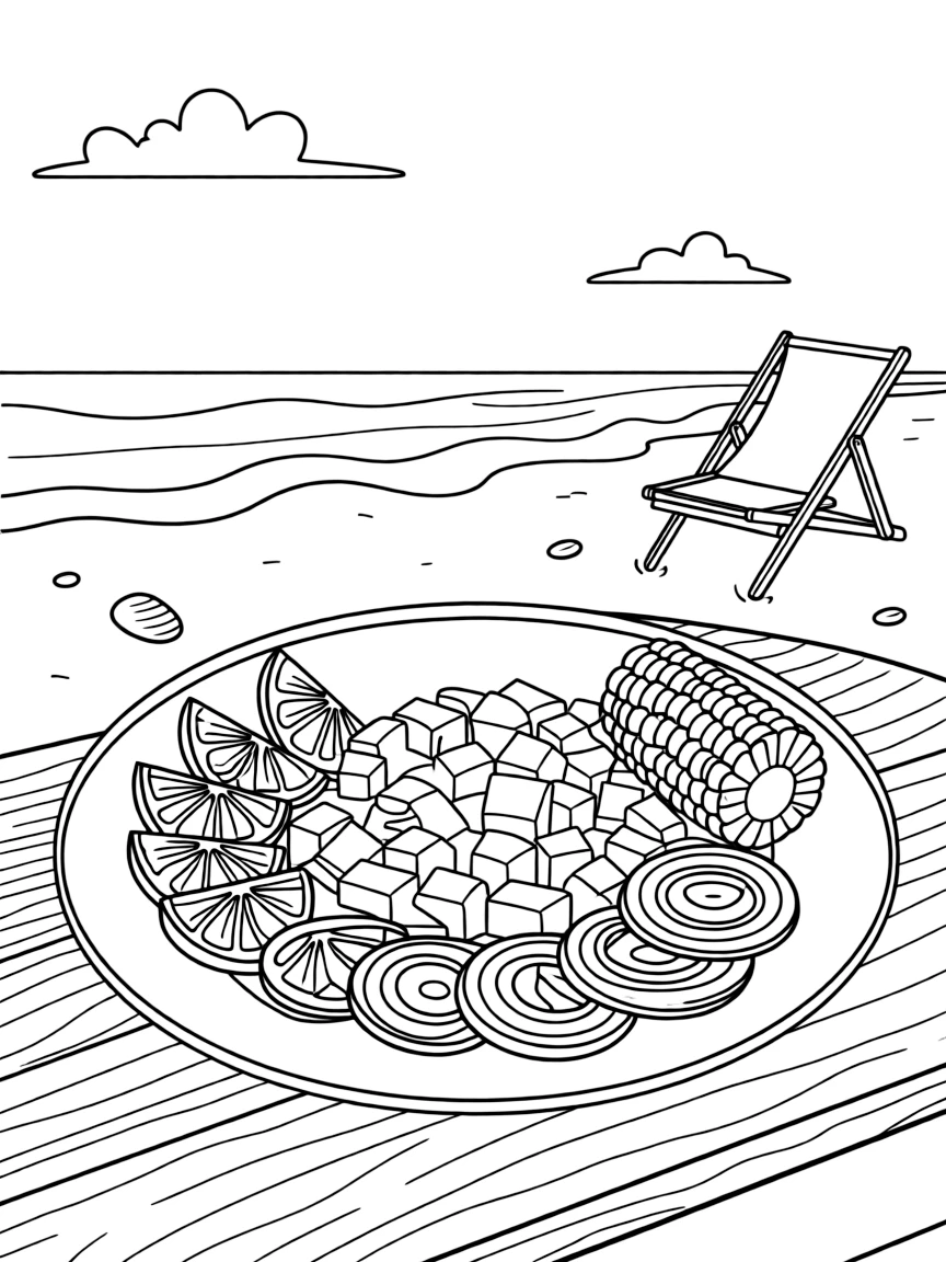 (Peru) A plate of fresh ceviche with fish, lime wedges, onions, and corn on a beachside table.
