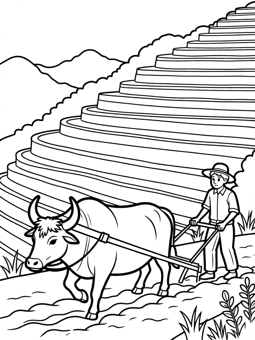 (Peru) Terraced farming fields on a mountainside with a farmer and an ox plowing the soil.