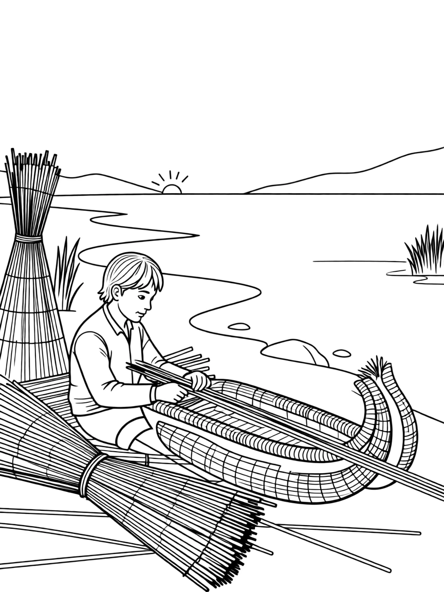 (Peru) A Uros tribesman building a reed boat on the shores of Lake Titicaca.