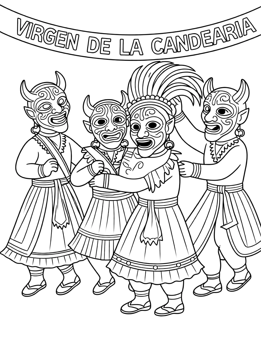 (Peru) A group of dancers in devil masks and ornate costumes at the Virgen de la Candelaria festival.