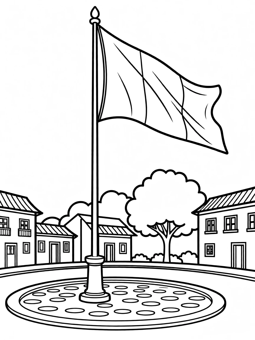 (Peru) The Peruvian flag (red and white) waving on a flagpole in a town plaza.