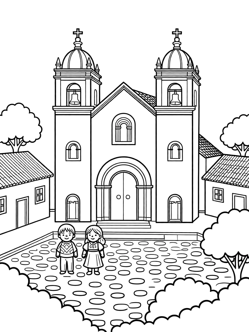 (Peru) A colonial Spanish-style church in a small village square in the Sacred Valley.