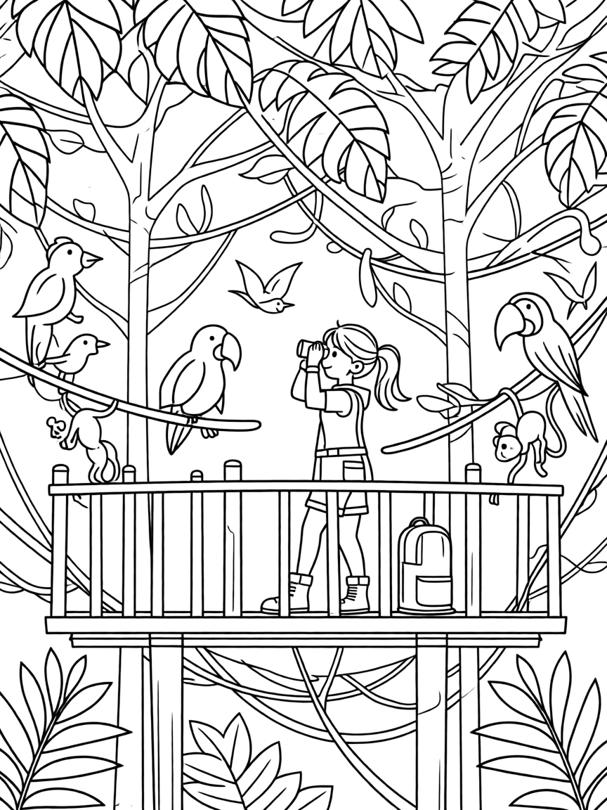 (Peru) The Amazon rainforest canopy with a researcher observing birds and monkeys from a platform.