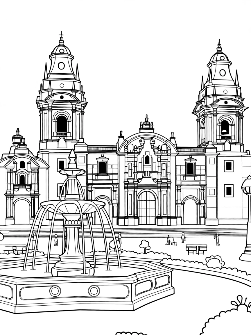 (Peru) The Plaza de Armas in Lima with a colonial fountain and the grand Cathedral in the background.