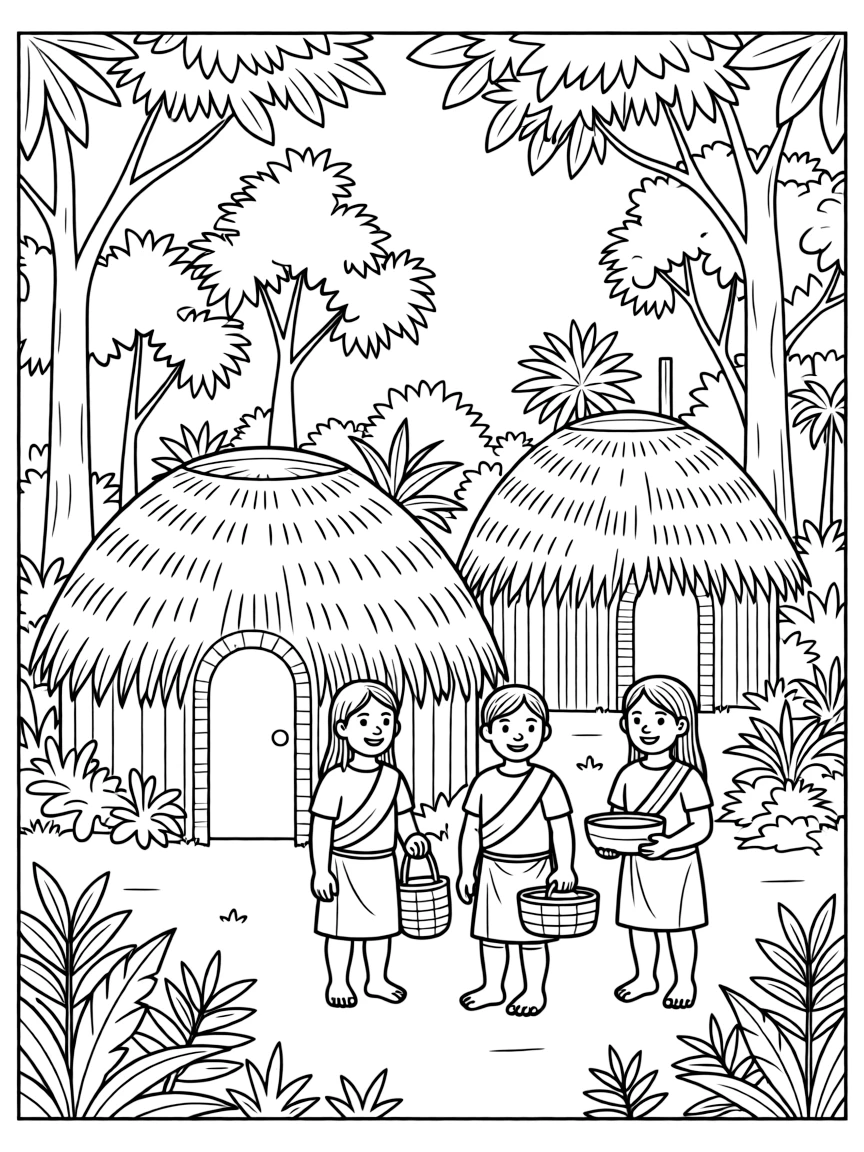 (Peru) An Amazon rainforest village with indigenous people in front of their thatched huts surrounded by jungle.