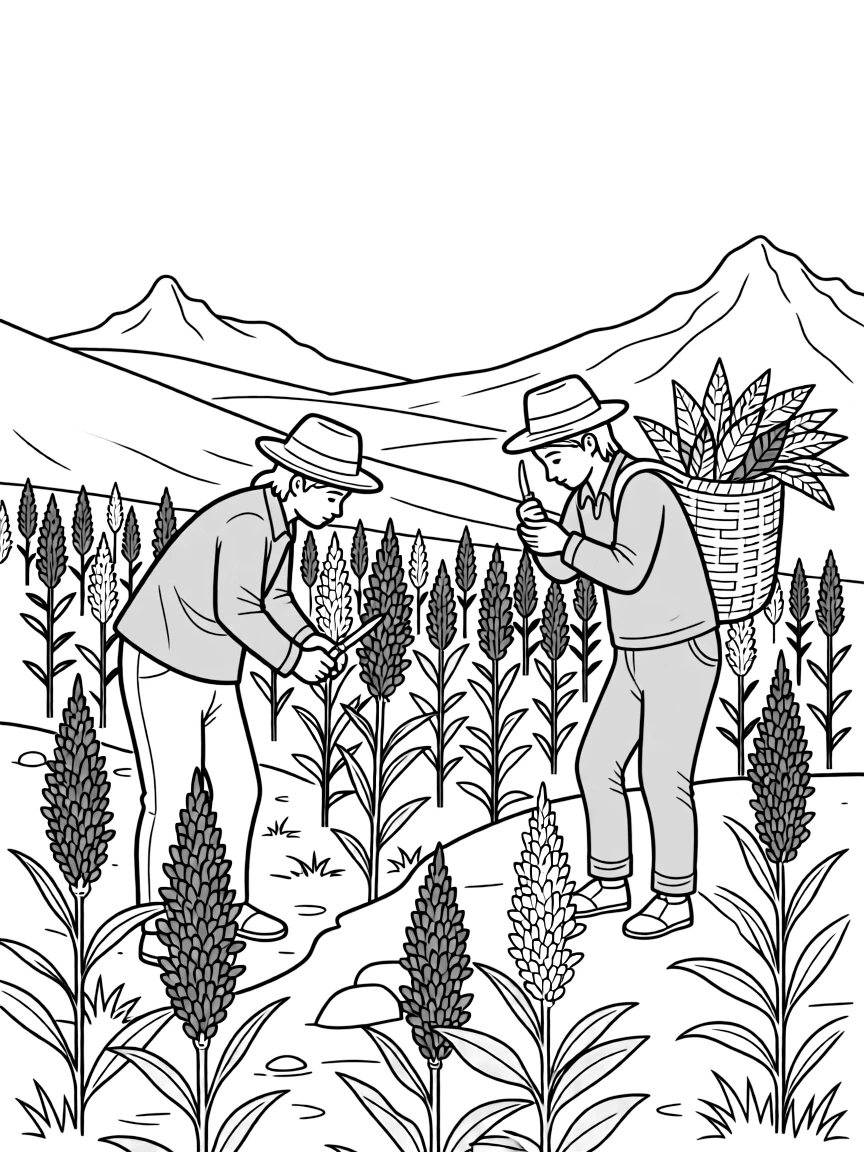 (Peru) Farmers harvesting quinoa plants with bright red and yellow seed heads in the Andean highlands.