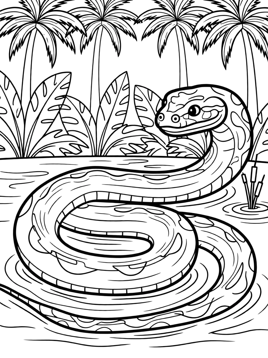 (Peru) A giant green anaconda snake coiled in the swampy waters of the Amazon rainforest.