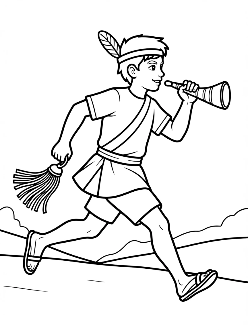 (Peru) An Inca messenger (chasqui) running with a quipu (knotted string record) and a conch shell horn.