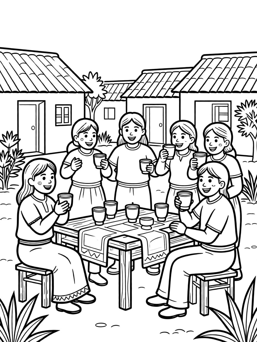 (Peru) People in a village sharing chicha morada (purple corn drink) from clay cups during a celebration.