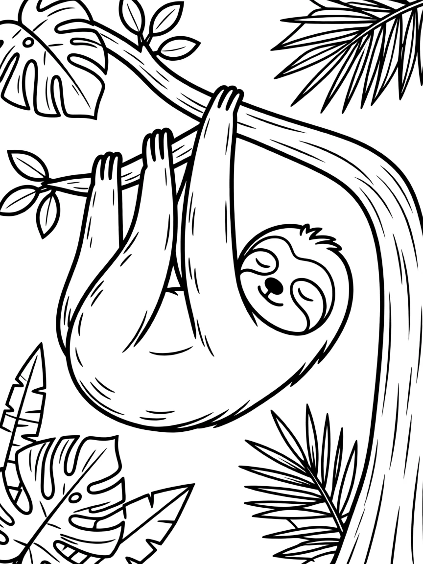 (Peru) A sleepy sloth hanging from a tree branch in the Amazon rainforest.