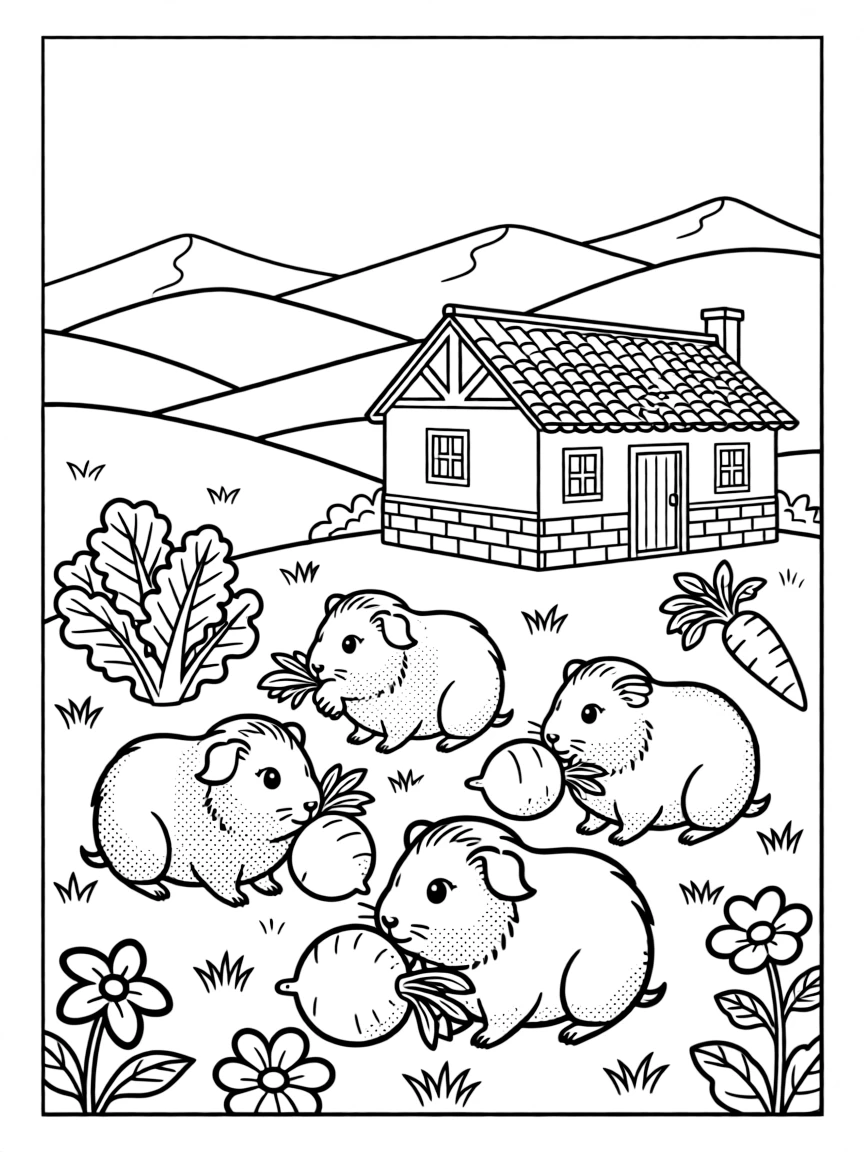 (Peru) A group of guinea pigs (cuy) nibbling on vegetables by a farmhouse in the Andes.