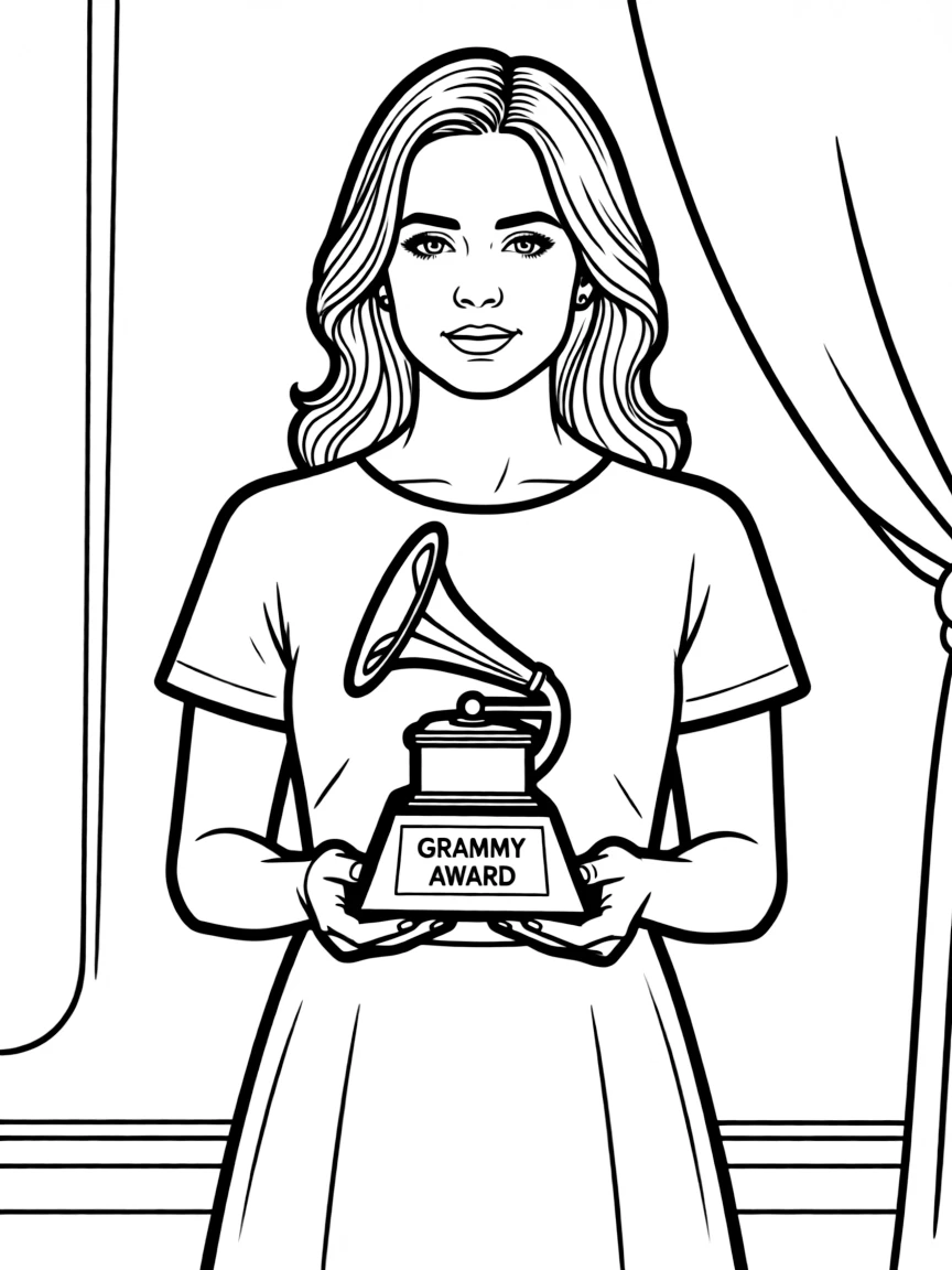 closeup view of an actress holds a Grammy Award on stage.