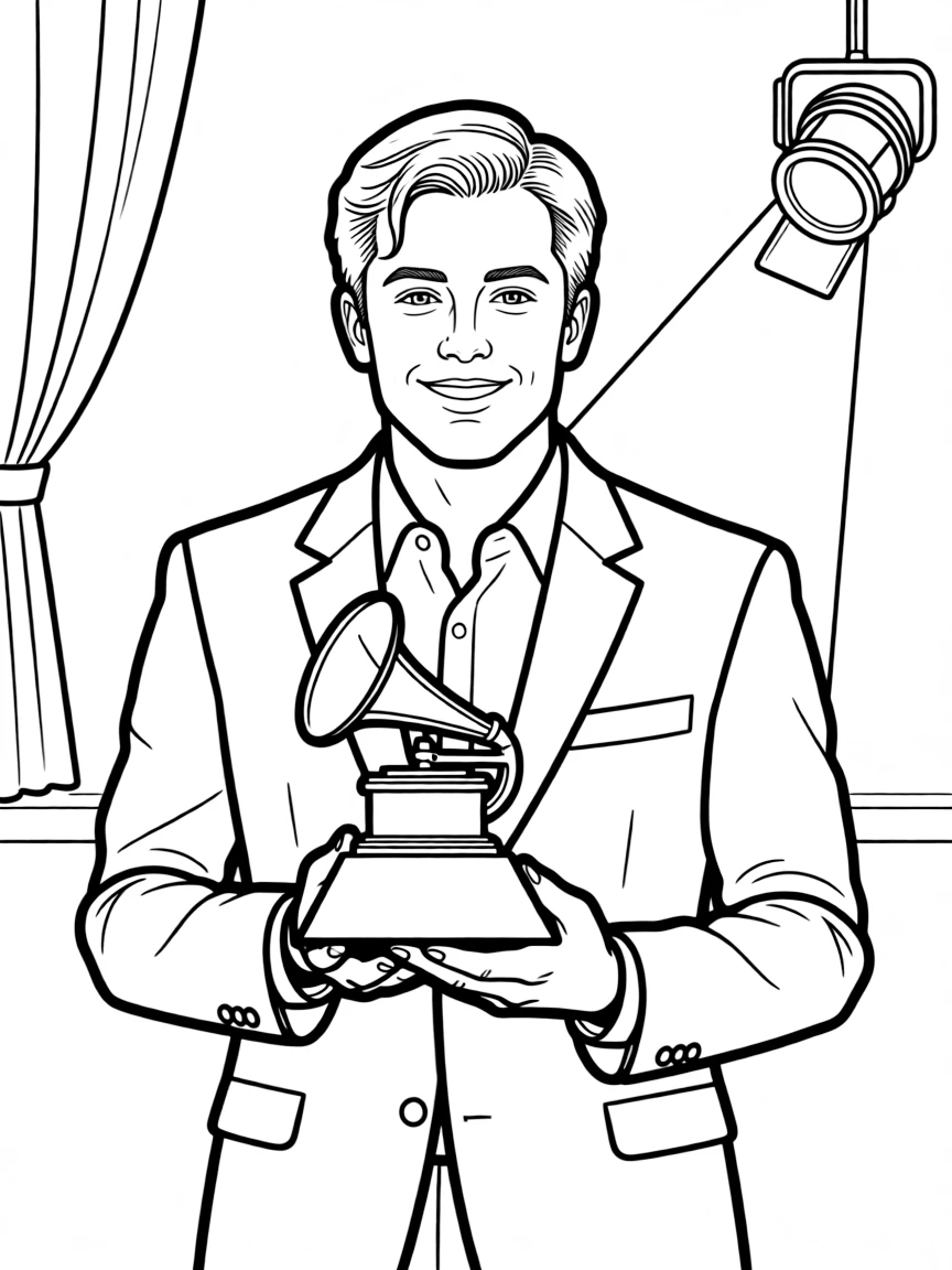 closeup view of an actor holds a Grammy Award on stage.