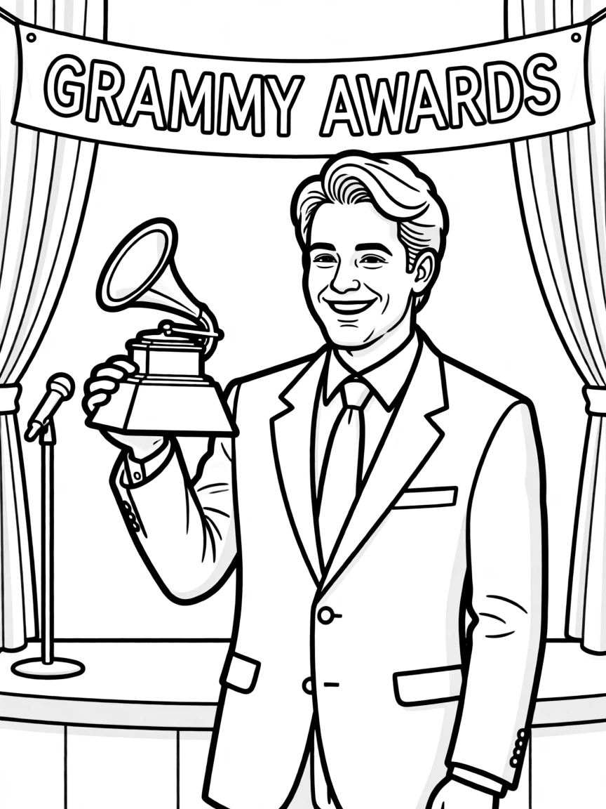 closeup line drawing of an actor holds a Grammy Award on stage.