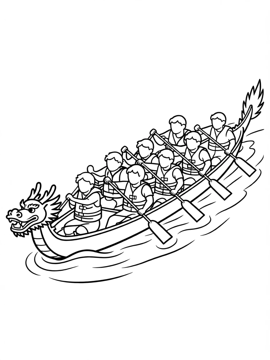 A team of paddlers in life jackets rowing together in a dragon boat