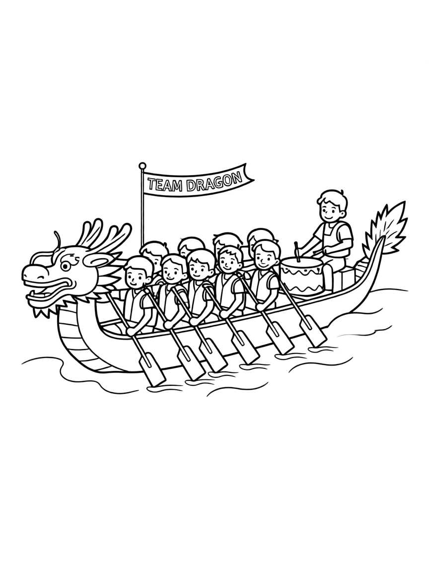 A team of paddlers rowing together in a dragon boat