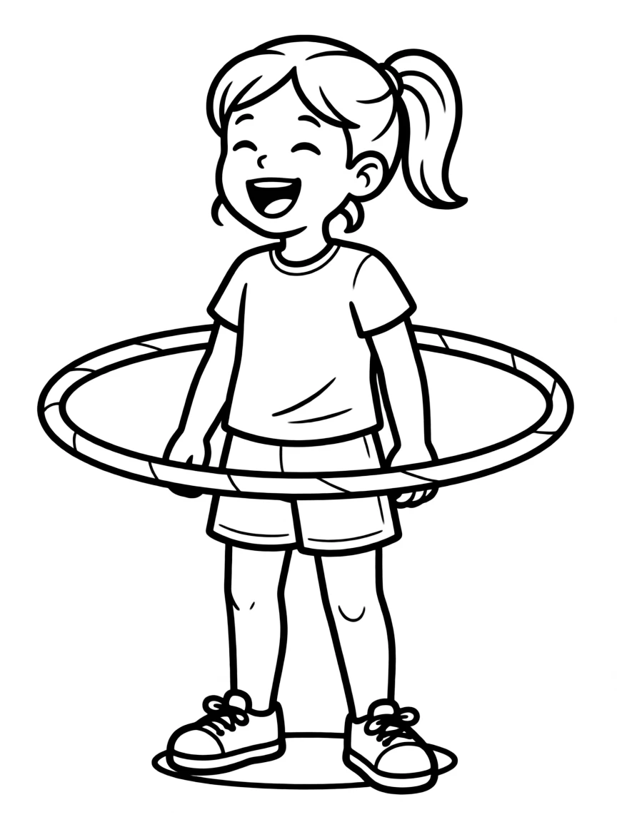 A girl playing with a hula hoop, laughing as it spins around her waist.