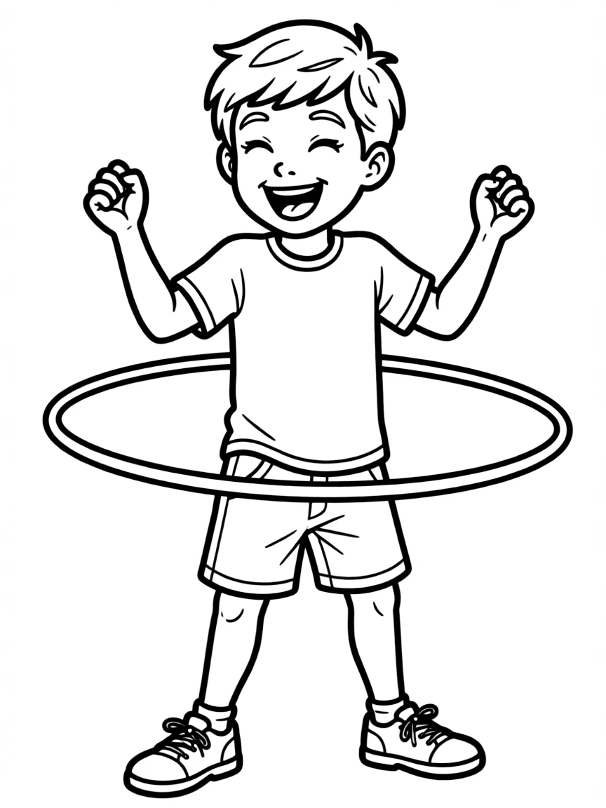 A boy playing with a hula hoop, laughing as it spins around her waist.