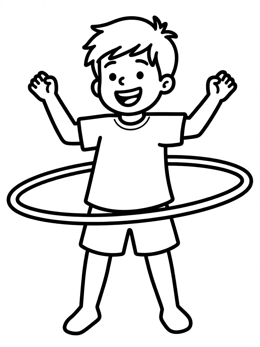 A boy playing with a hula hoop, laughing as it spins around her waist.