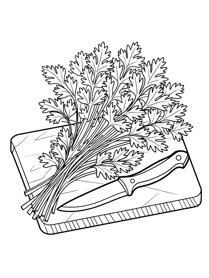 A bunch of fresh cilantro leaves with detailed stems, lying on a kitchen cutting board with a small knife nearby