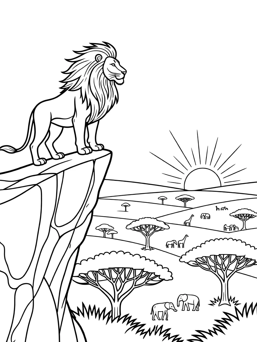 Draw a majestic scene of Mufasa standing proudly on Pride Rock with his mane flowing in the wind, overlooking the vast African savanna at sunrise. Include some acacia trees and distant animals to complete the royal atmosphere.