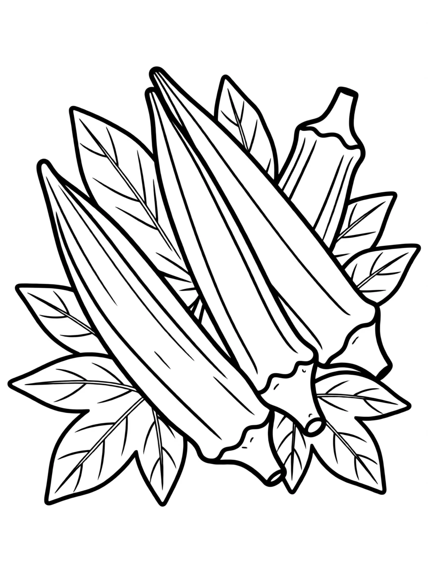 A simple coloring page featuring a bunch of fresh okra pods with leaves, arranged in a fun and kid-friendly style.