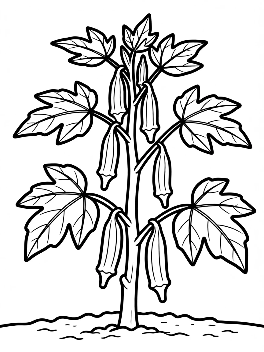 A simple coloring page of an okra plant with tall green stems, large leaves, and several okra pods growing on the branches.
