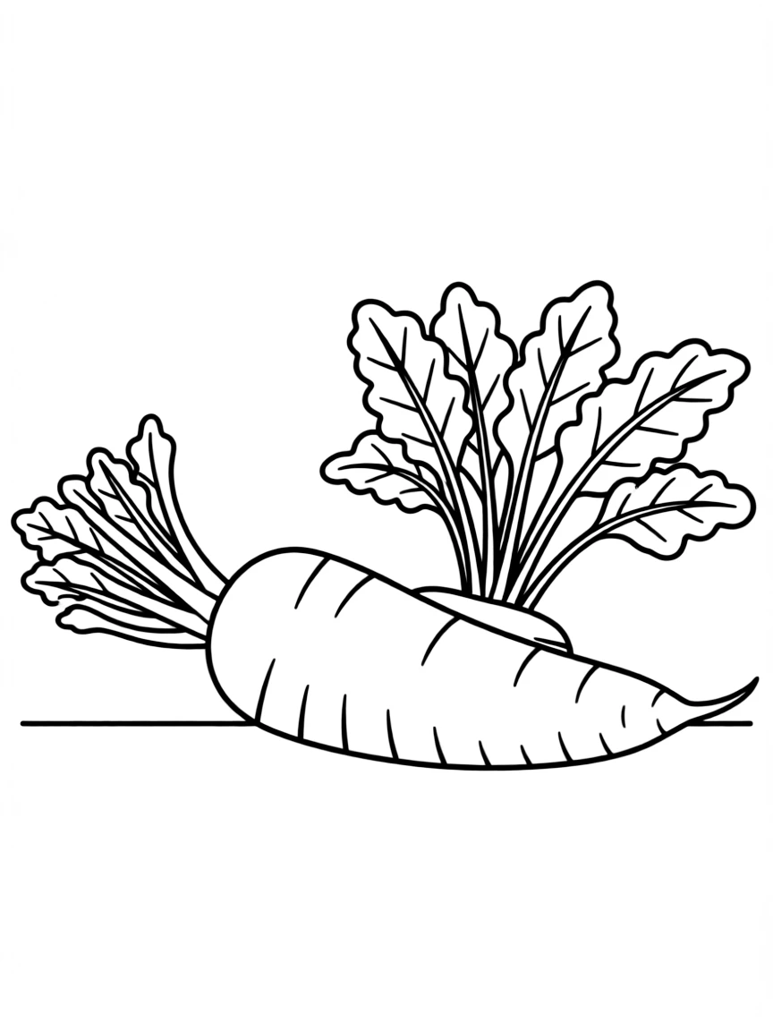 A big daikon radish with leafy greens on top, lying on the ground, drawn with simple lines for kids to color.