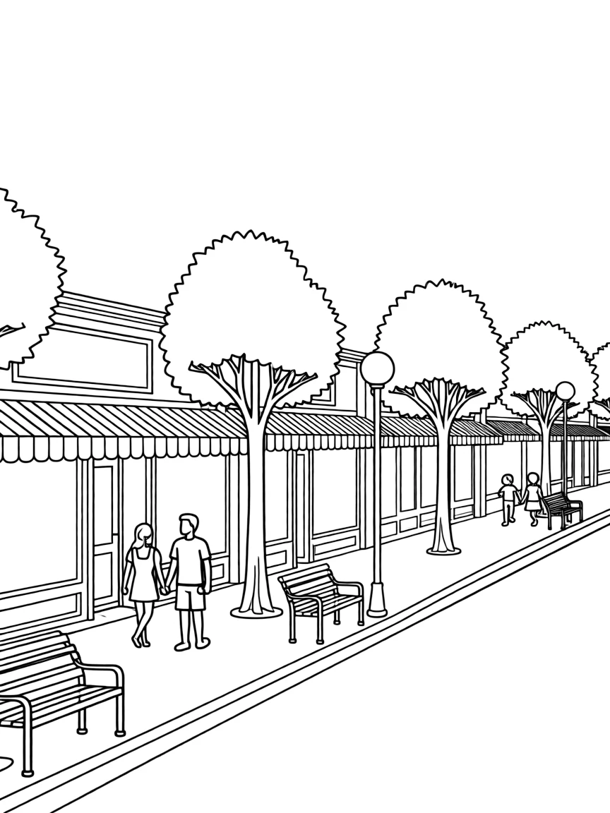 A simple coloring page of downtown Bethesda, Maryland, showing small shops, tree-lined streets, and families walking on the sidewalk.