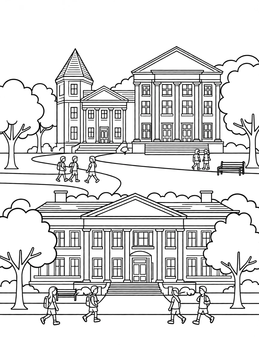 A simple line drawing of the Harvard campus with iconic buildings, trees, and students walking around, designed as a fun coloring page for kids.