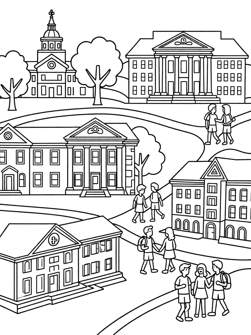 A simple line drawing of the Brown University campus with its iconic buildings, trees, and students walking around for kids to color.