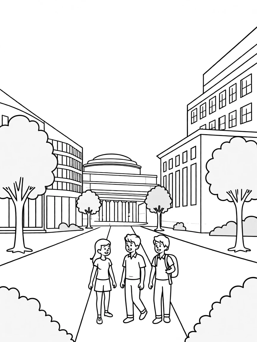 A simple line drawing of the MIT campus with its iconic buildings, trees, and students walking around for kids to color.