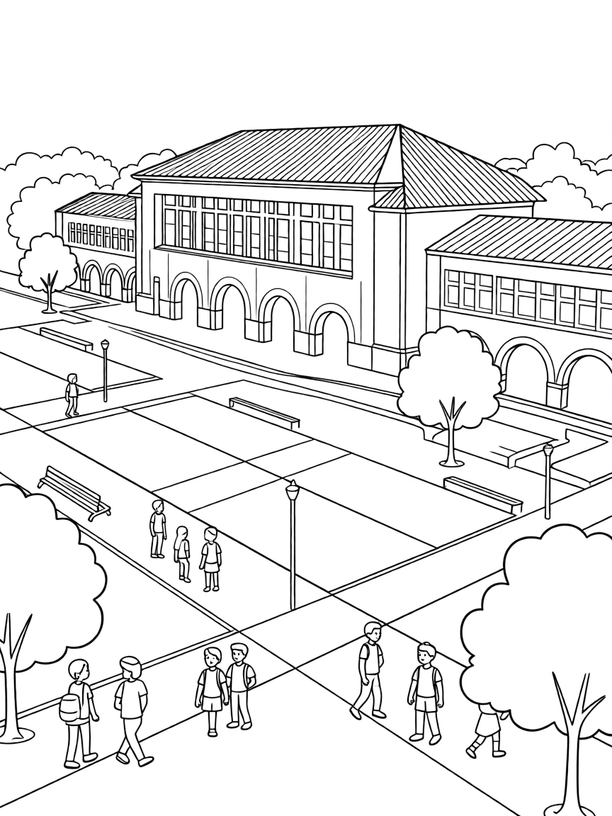 A simple line drawing of the Stanford campus with its iconic buildings, trees, and students walking around for kids to color.