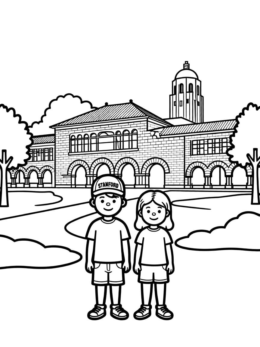 A simple line drawing of the Stanford campus with its iconic buildings