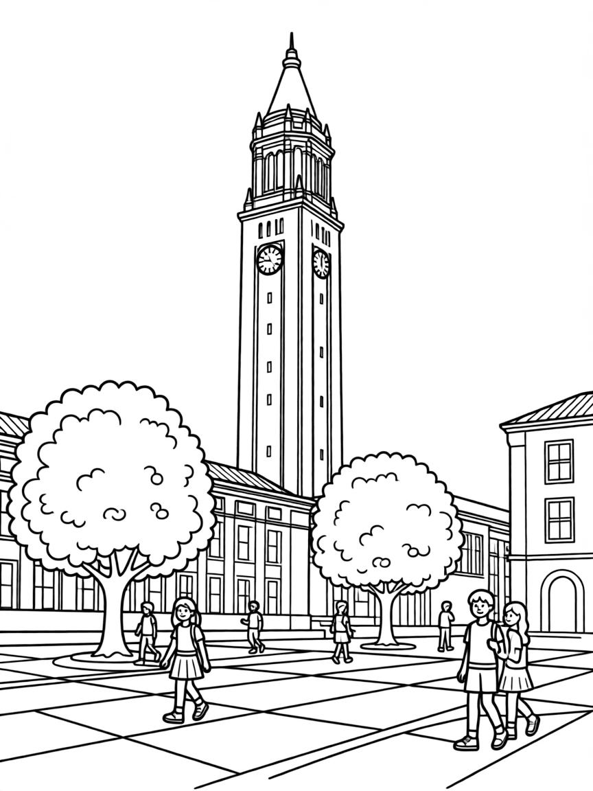 A simple line drawing of the UC Berkeley campus with the iconic Sather Tower, trees, and students walking around.