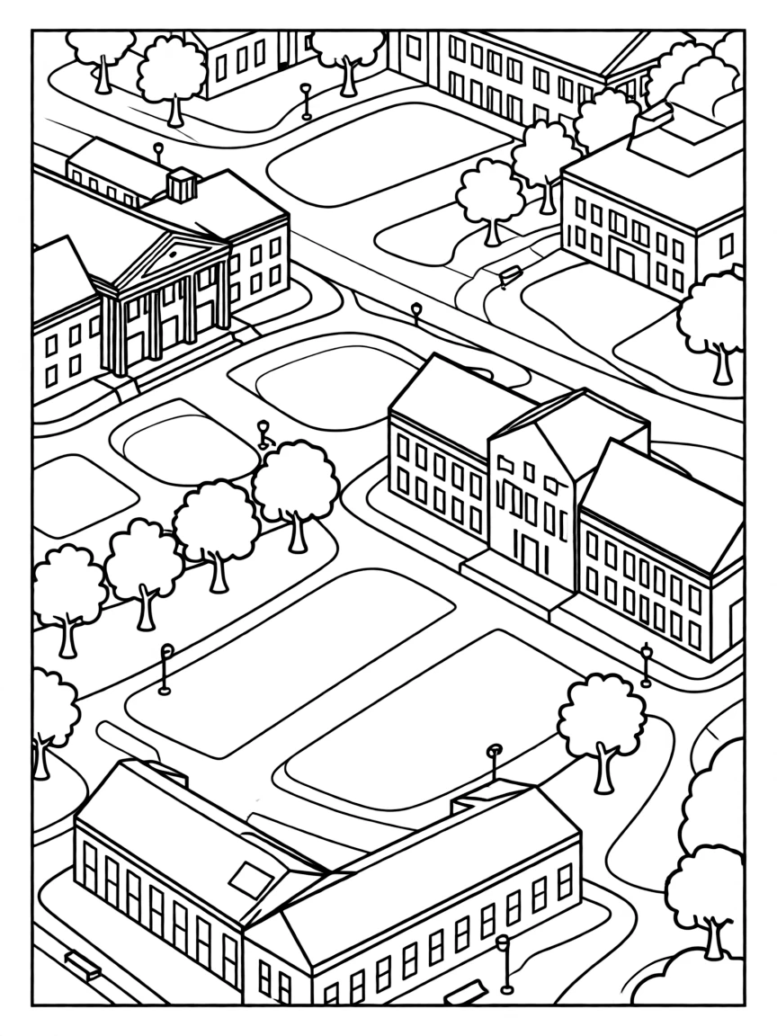 A simple bird’s-eye view of Princeton University with iconic buildings, tree-lined walkways, and open lawns, designed for kids to color.