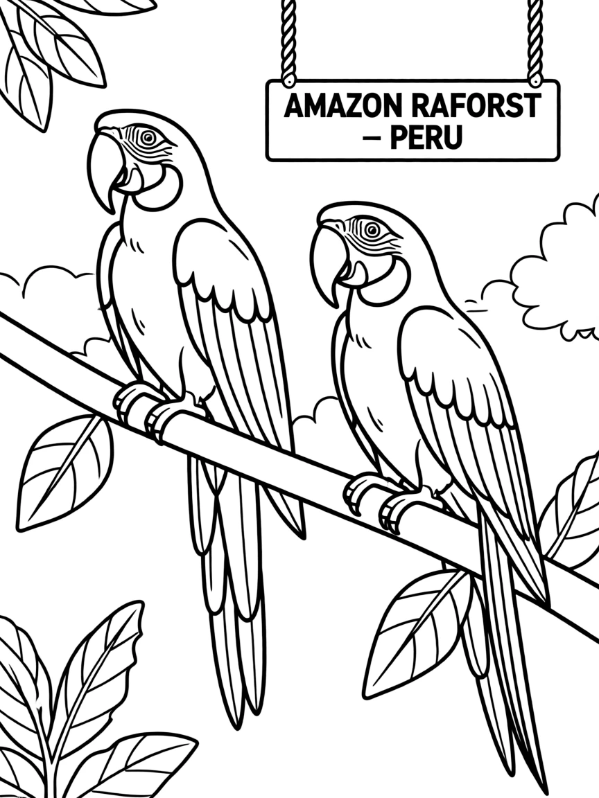 (Peru) A pair of macaw parrots with bright feathers in the Amazon rainforest.