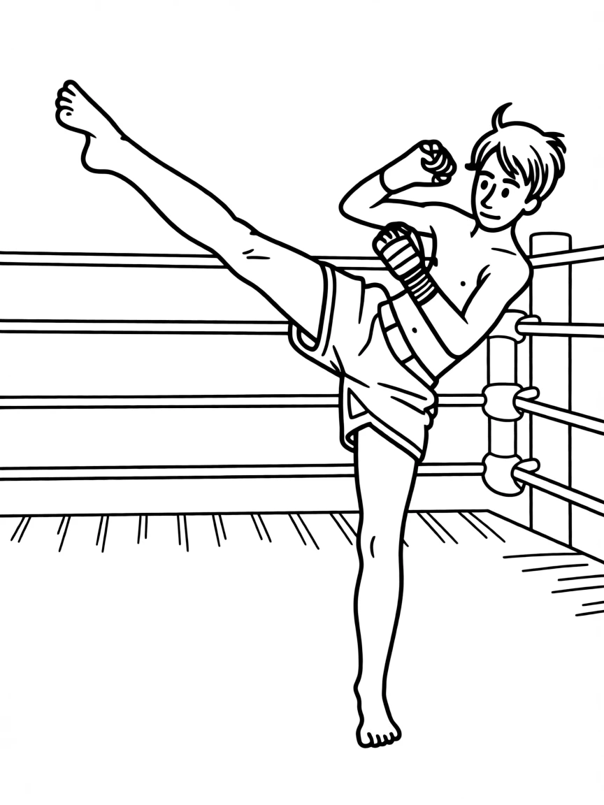 (Thailand) A Muay Thai kickboxer performing a high kick in a boxing ring.
