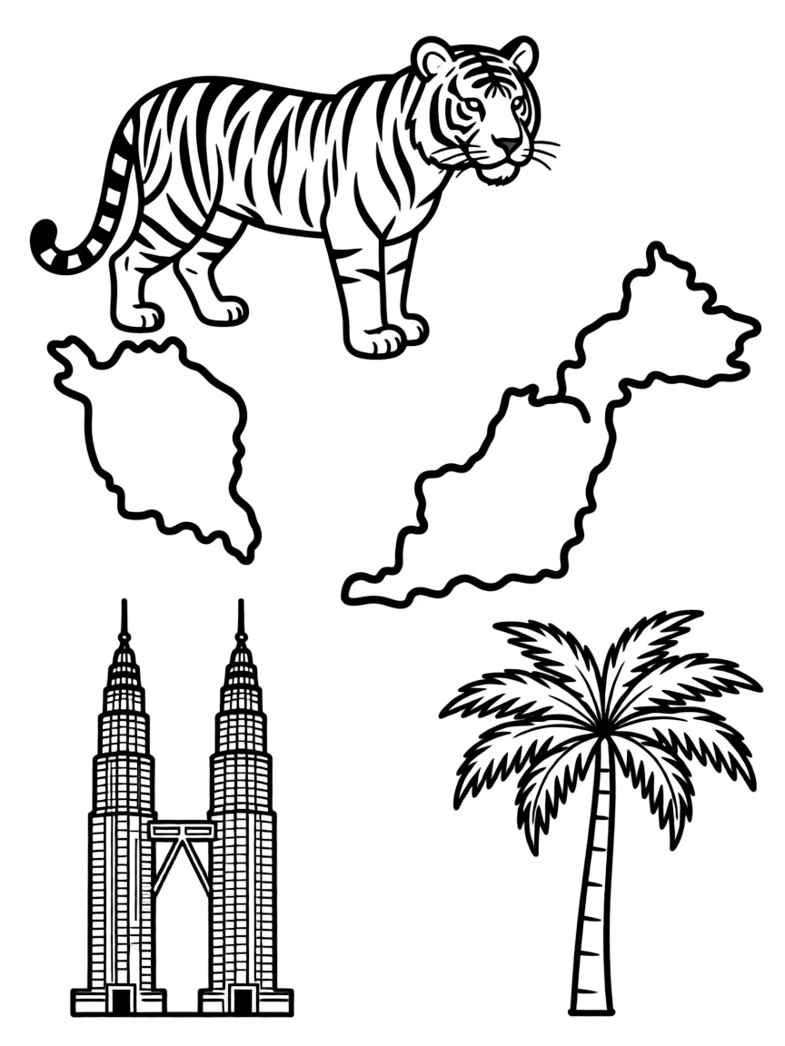 (Malaysia) A map of Malaysia with illustrations of a tiger, the Petronas Towers, and a palm tree around it