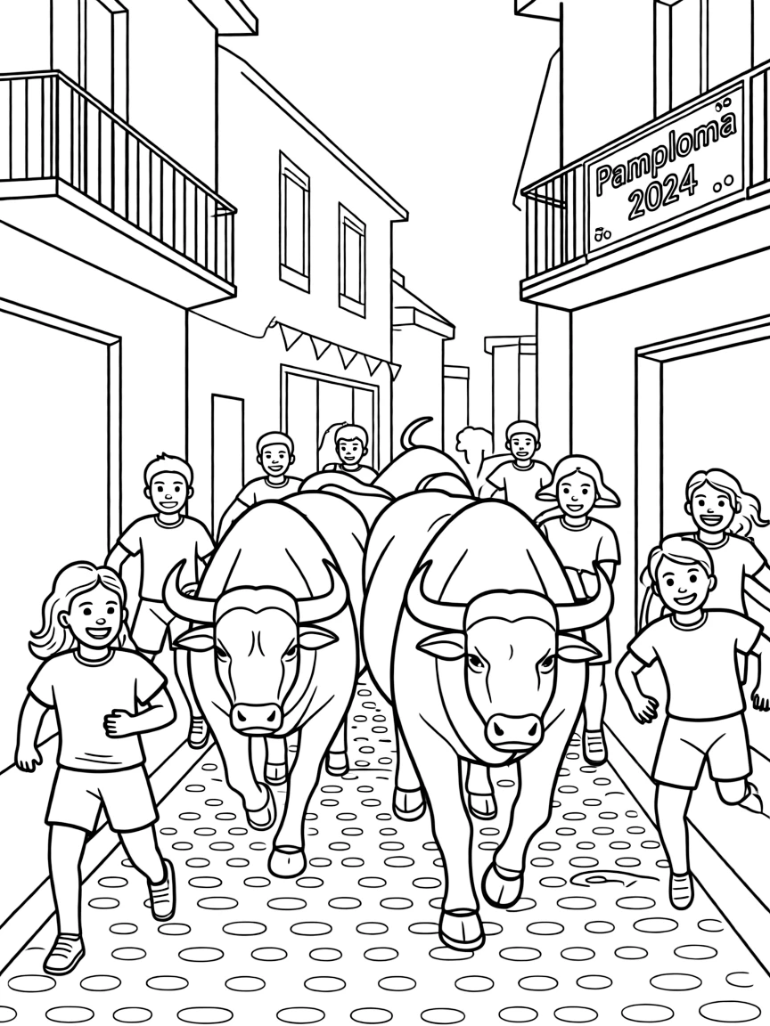 (Spain) A lively scene from the Running of the Bulls in Pamplona.