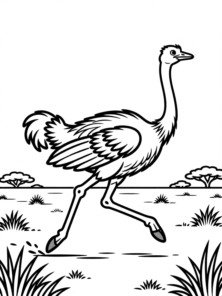 (South Africa) A tall ostrich running fast on its long legs across the plain.
