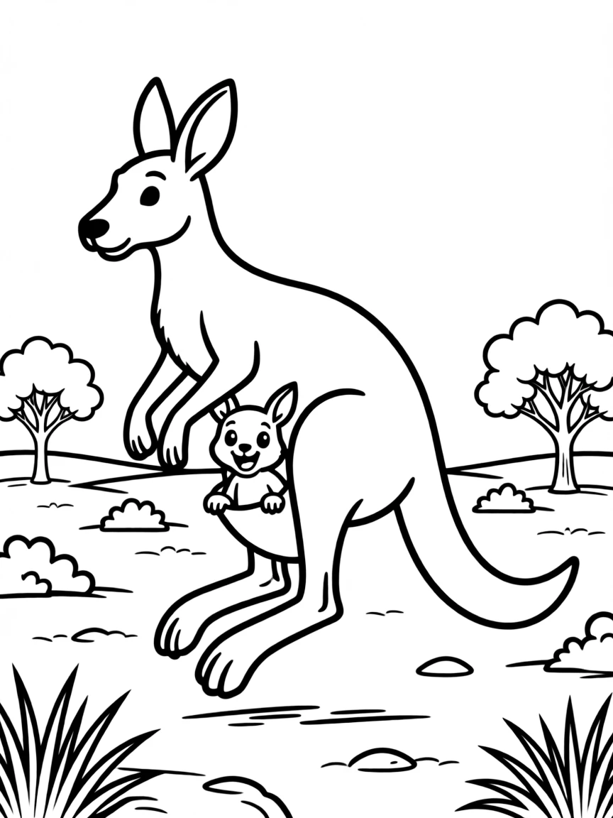 (Australia) A mother kangaroo hopping with a joey in her pouch through the outback.