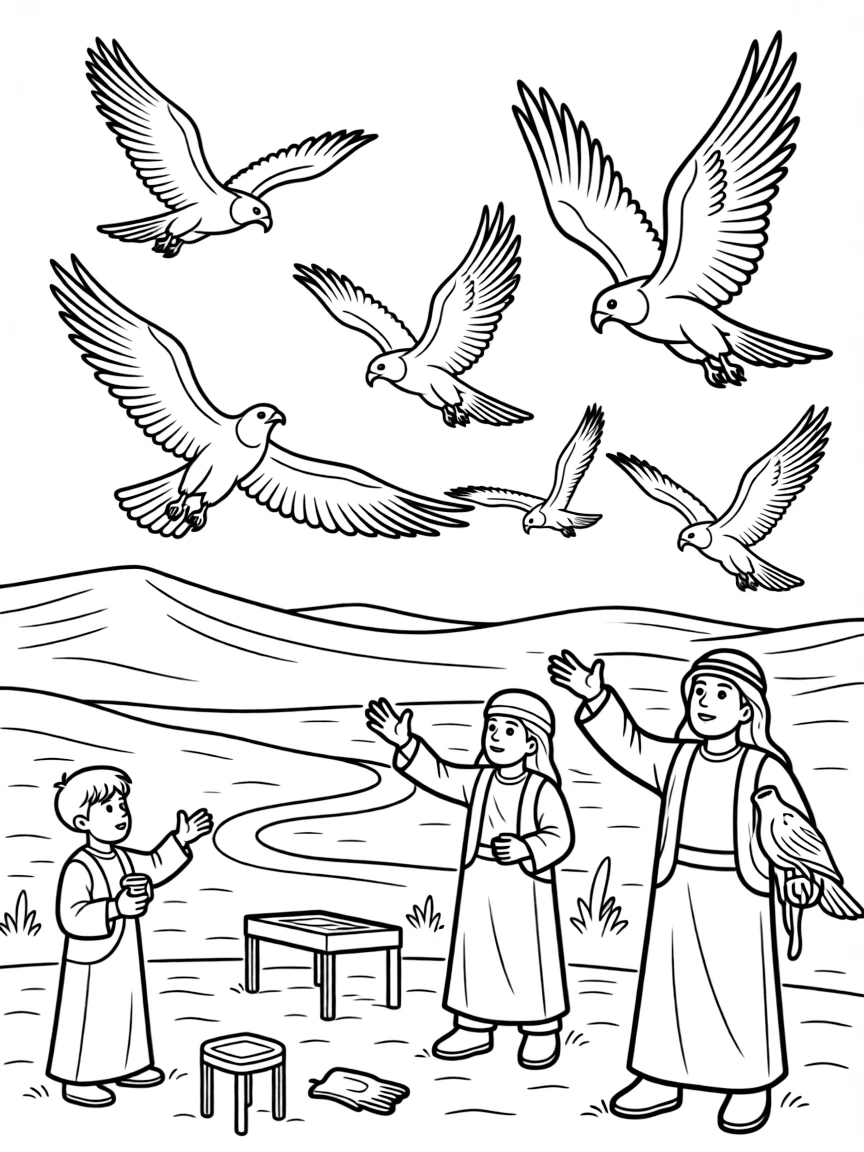 (Saudi Arabia) A falconry tournament in the desert with falcons flying fast and trainers watching.