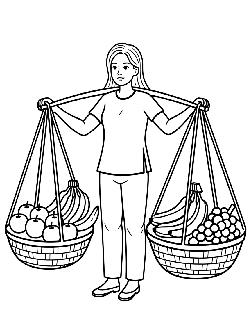 (Vietnam) A lady carrying two heavy baskets on a shoulder pole, filled with fresh fruits.