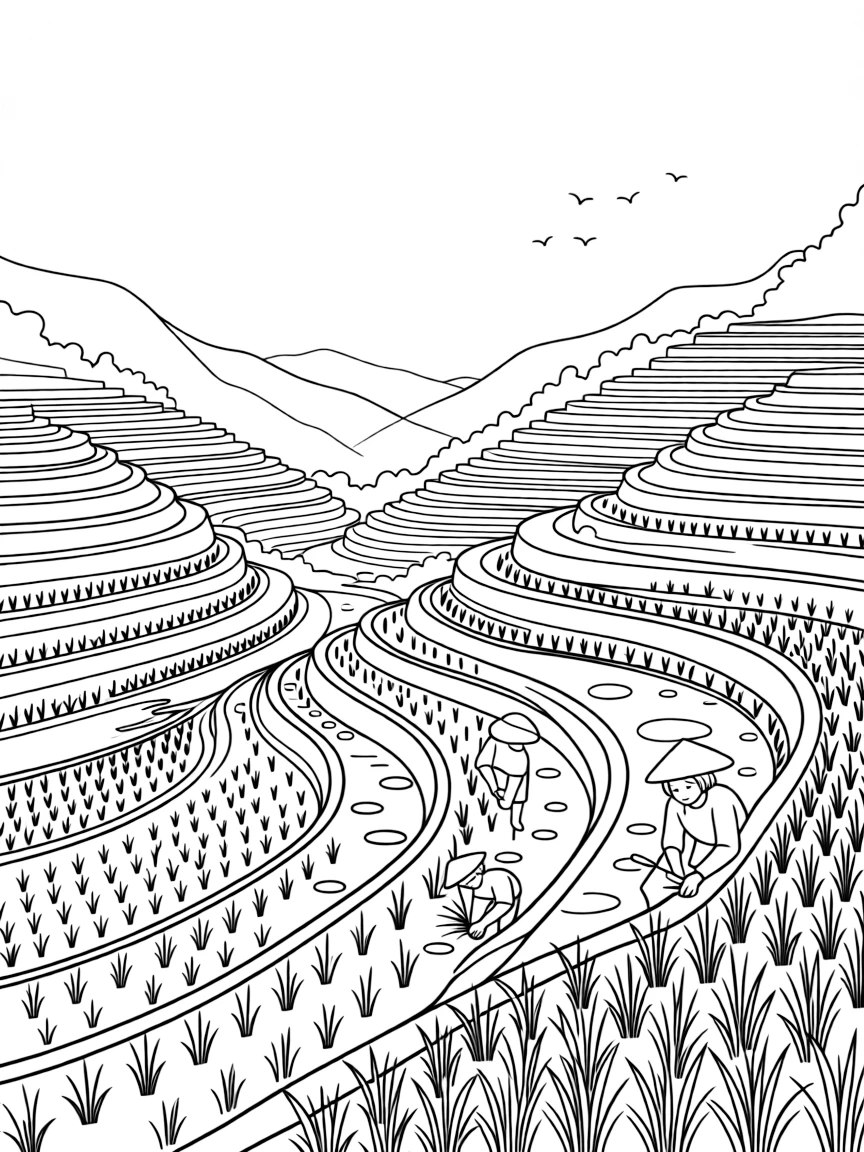 (Vietnam) Lush green rice terraces on the mountains of Sa Pa with farmers working in the fields.